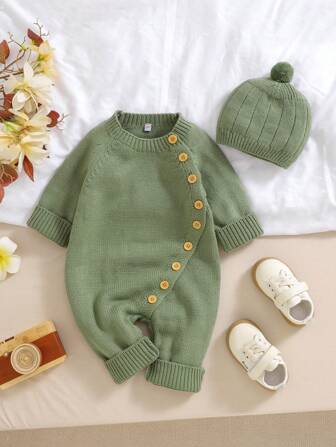 1set Baby Boys Plain & Beanie Hat, Comfortable All-Match Infant Romper