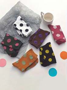 6 双女士波尔卡圆点图案中筒袜，可爱少女风格，舒适柔软卡通百搭保暖袜，适合街头时尚、学生、秋冬季 - 彩色 - 查看 3