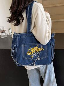 In 2024, The New Fashion Classic Joker Casual Letter Pattern Decoration Design Large-Capacity Shoulder Bag Metal Chain Decoration Design Tote Bag Is Suitable For Campus Use. - Dark Wash - View 5