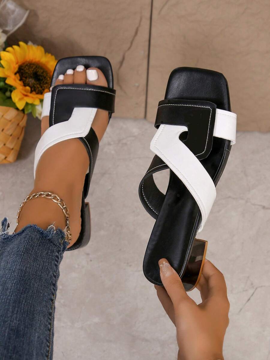 Sandálias femininas de salto alto em bloco de cores preto e branco, confortáveis e elegantes