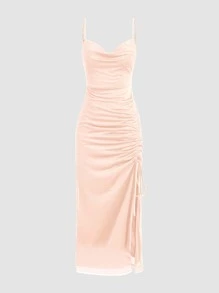 Women's Glitter Drawstring Split Hem Ruched Draped Neck Slip Dress Party Dress Wedding Guest Dress - Baby Pink - View 1