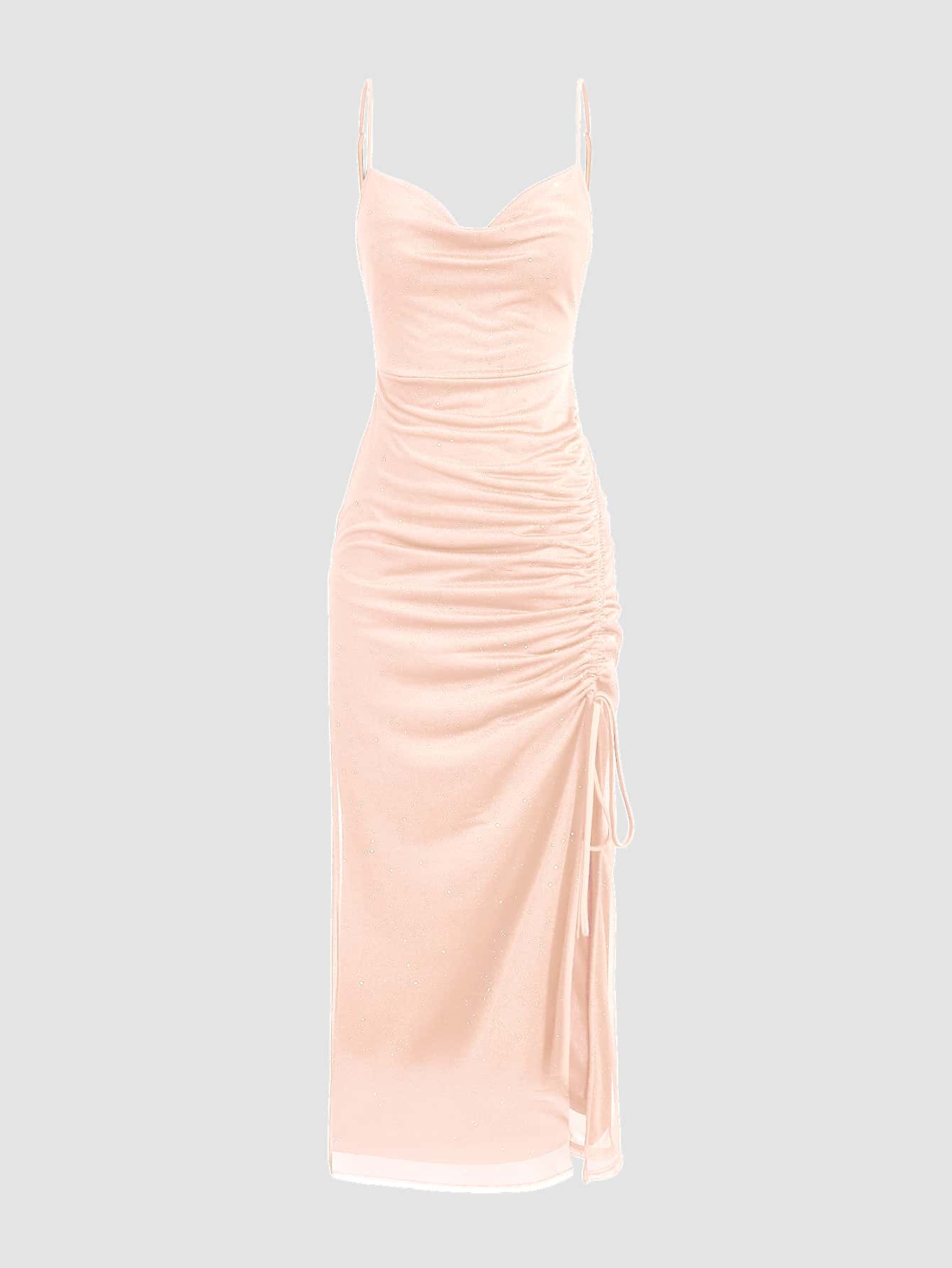 Women's Glitter Drawstring Split Hem Ruched Draped Neck Slip Dress Party Dress Wedding Guest Dress - Baby Pink - View 1