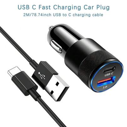 PD快充车载手机充电器【迷你金属款】双口3.1A USB-A+Type-C车载插头，配备1根2米长USB-A转Type-C快充数据连接线，兼容 16/16Pro、15/15Pro，三星Galaxy S23/S22/S21/S20/S10 Plus，Pixel 7/6