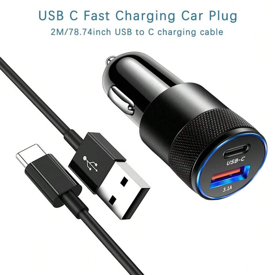 PD快充车载手机充电器【迷你金属款】双口3.1A USB-A+Type-C车载插头，配备1根2米长USB-A转Type-C快充数据连接线，兼容 16/16Pro、15/15Pro，三星Galaxy S23/S22/S21/S20/S10 Plus，Pixel 7/6 - 彩色 - 查看 1