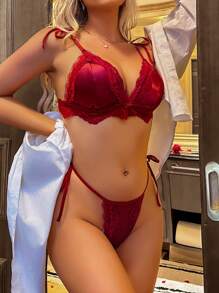 新款酒红色蕾丝拼接性感内衣两件套缎面系带内衣女士情趣内衣套装 - 酒紅色 - 查看 6