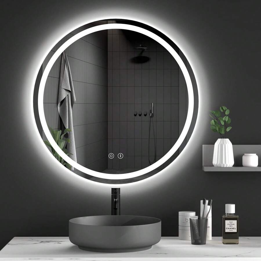 Round Bathroom Mirror With LED Light, Illuminated Wall Mounted Vanity Mirror With Demister, Anti-Fog Large Circle Makeup Mirror, 3-Color Dimmable LED Light, IP44 - 50cm - View 1