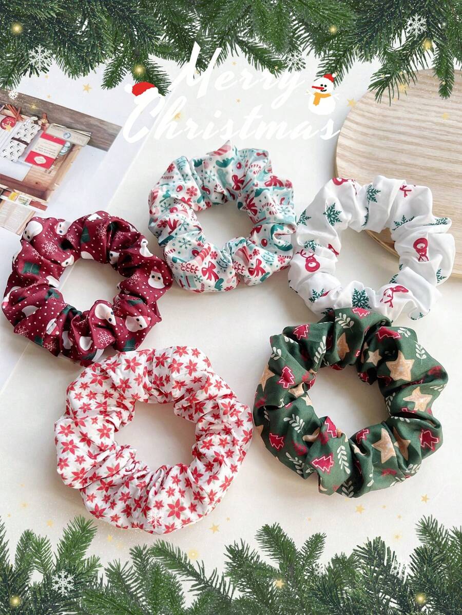 5 件女士圣诞主题节日天鹅绒发圈，包括圣诞树、圣诞老人、鹿、圣诞袜和雪花图案，时尚高端优雅可爱发圈，适合圣诞节化妆和发型设计 - 彩色 - 查看 1