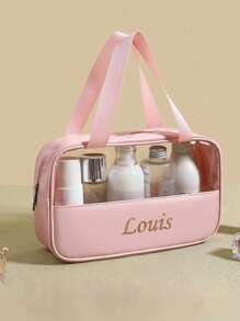 Embroidery Custom Personalized Embroidery Stitched Makeup Bag PVC Semi Transparent Large Capacity Bath Bag PU Waterproof Portable Travel Storage Large Capacity Handbag Anniversary Gift, Birthday Gift, Mother's Day Gift, Father's Day Gift, Friend Gift, Gift For Mom/Dad, Gift For Her/Him, Gift For Girlfriend/Boyfriend/Friend