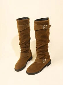 Botas medianas para mujer de mediados de pantorrilla, tacón mediano plano, botas altas de tacón, puntera redonda, botas altas de moda con cuña oculta, fuste largo plisado por encima de la rodilla en color marrón, tallas grandes - Marrón - Ver 3