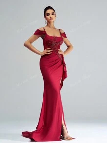Women Floral Print Ruffle Ruffle Detail Asymmetric Hem Split Evening Party Dress, Wedding Guest Dress, Formal Dress,Gown
