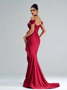 Women Floral Print Ruffle Ruffle Detail Asymmetric Hem Split Evening Party Dress, Wedding Guest Dress, Formal Dress,Gown - Burgundy - View 3