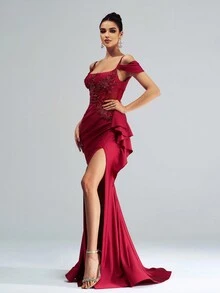 Women Floral Print Ruffle Ruffle Detail Asymmetric Hem Split Evening Party Dress, Wedding Guest Dress, Formal Dress,Gown - Burgundy - View 4