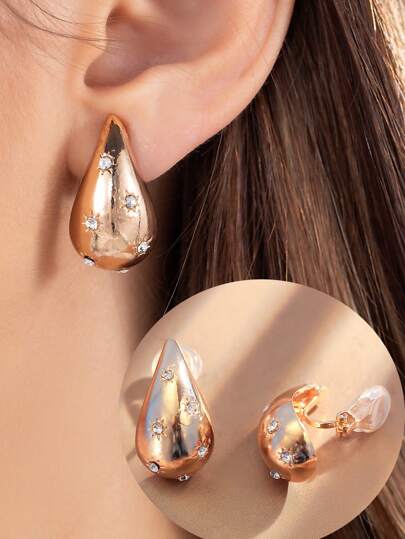 1 Pair Fashion Crystal Water Drop Clip-On Earrings For Women, Elegant Non-Pierced Earrings, Metal Personalized Earrings Suitable For Daily Wear And Holiday Gifts