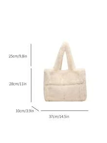 简约大容量轻便秋冬单肩包百搭女士纯色毛绒手提包 - 白色 - 查看 9