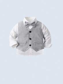 BOARNSEORL 3 件套年轻男孩绅士服装 - 带蝴蝶结的白色衬衫、背心和裤子，适合生日派对、正式活动、婚礼、洗礼、1 岁生日 - 灰色 - 查看 8