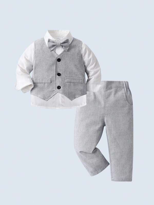 BOARNSEORL 3pcs Young Boys Gentleman Outfit - White Shirt With Bowknot, Vest And Pants, Suitable For Birthday Party, Formal Event, Wedding, Christening, 1st Birthday