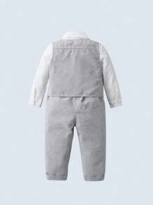 BOARNSEORL 3 件套年轻男孩绅士服装 - 带蝴蝶结的白色衬衫、背心和裤子，适合生日派对、正式活动、婚礼、洗礼、1 岁生日 - 灰色 - 查看 3