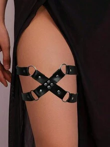 性感摇滚圆形弹性交叉腿环仿皮吊袜带带铆钉设计万圣节派对坏人装扮夜间外出 - 黑色 - 查看 1