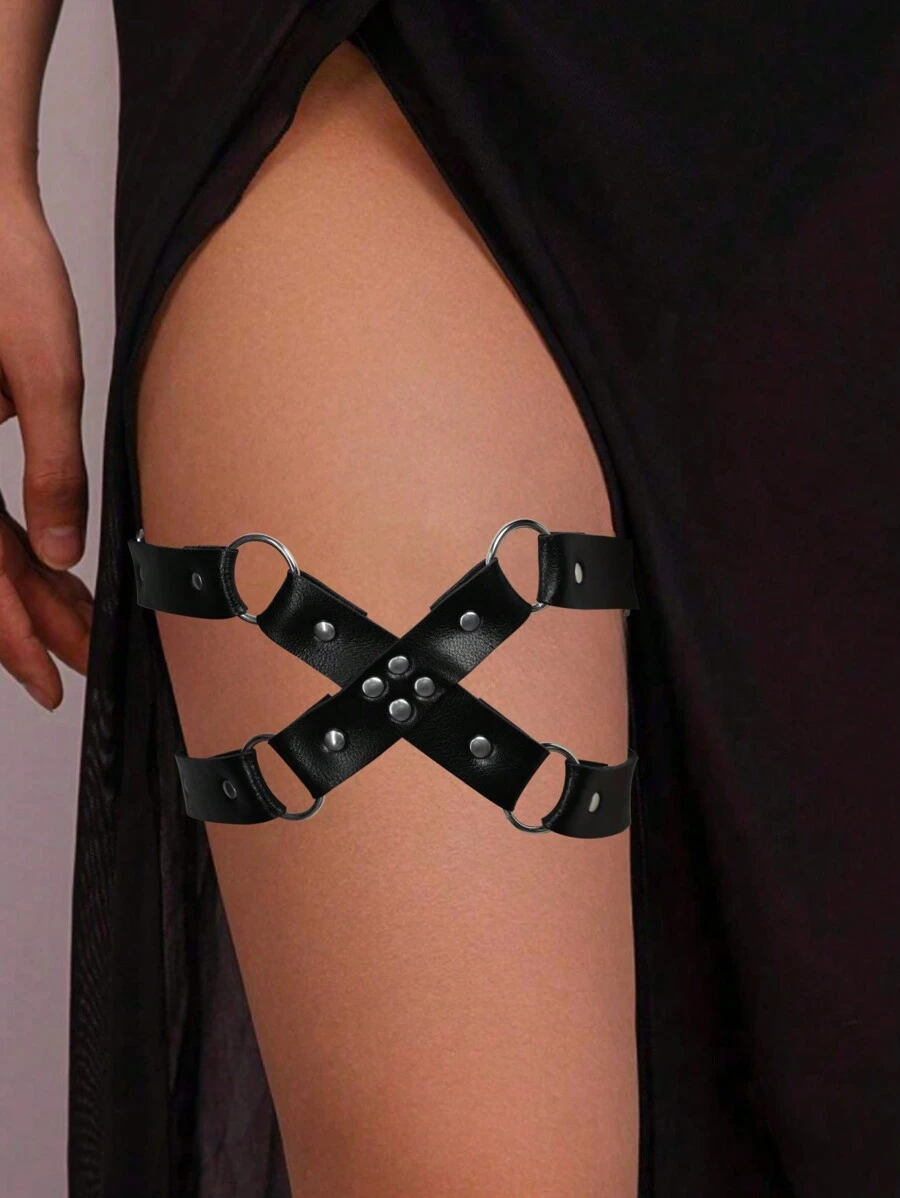 性感摇滚圆形弹性交叉腿环仿皮吊袜带带铆钉设计万圣节派对坏人装扮夜间外出 - 黑色 - 查看 1