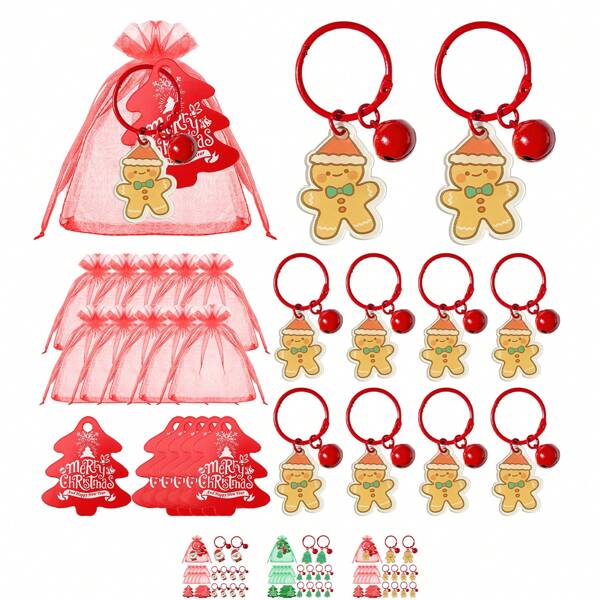 30pcs Christmas Keychains Gifts Sets Include 10 Santa Claus / Christmas Tree /Gingerbread Man Keychains 10 Organza Bags 10 Thank You Cards For Family, Friends, And Colleagues, Perfect Party Christmas Souvenirs