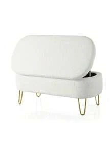 Oval Storage Bench For Living Room Bedroom End Of Bed, Upholstered Storage Ottoman Entryway Bench With Metal Legs,Cream,FurniHub Back To School Dormitory Storage