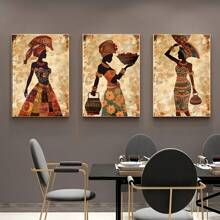3 件套复古非洲女性墙壁艺术套装 - 卡通图案无框帆布海报 - 可重复使用和拆卸的墙壁装饰，适用于卧室、客厅和走廊 - 传统服装和珠宝主题 - 多色 - 查看 6