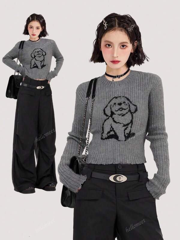 Cute Puppy Dog Gray Knitted Long Sleeve Sweater For Women, Casual Pullover Short Crew Neck Base Layer Top, Autumn/Winter