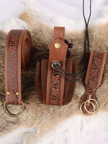 3pcs Medieval Embossed PU Leather Belt Set, Vintage Renaissance Viking LARP Belt With Pouch, Unisex Cosplay Costume Accessory - A - View 4