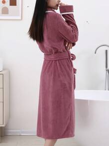 1pc Deep Purple Soft & Comfortable Bath Robe With Trimmed Edge, Extra Long Length Summer Wedding Home Bathroom Decor Back To School - Dark Purple Edging - View 3
