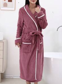 1pc Deep Purple Soft & Comfortable Bath Robe With Trimmed Edge, Extra Long Length Summer Wedding Home Bathroom Decor Back To School - Dark Purple Edging - View 7