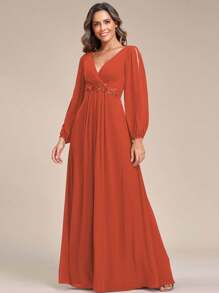 EVERPRETTY Váy phù dâu cổ chữ V tay đèn lồng thanh lịch mùa xuân cho nữ, váy maxi màu cam cháy, váy trang trọng cho đám cưới - Màu Cam cháy - Xem 1