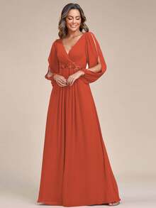 EVERPRETTY Váy phù dâu cổ chữ V tay đèn lồng thanh lịch mùa xuân cho nữ, váy maxi màu cam cháy, váy trang trọng cho đám cưới - Màu Cam cháy - Xem 4