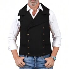 Men's Suede Vests Double Breasted Cowboy Suit Western Vest Classic Groomsmen Wedding Waistcoat For Work And Casual - 黑色 - 查看 4