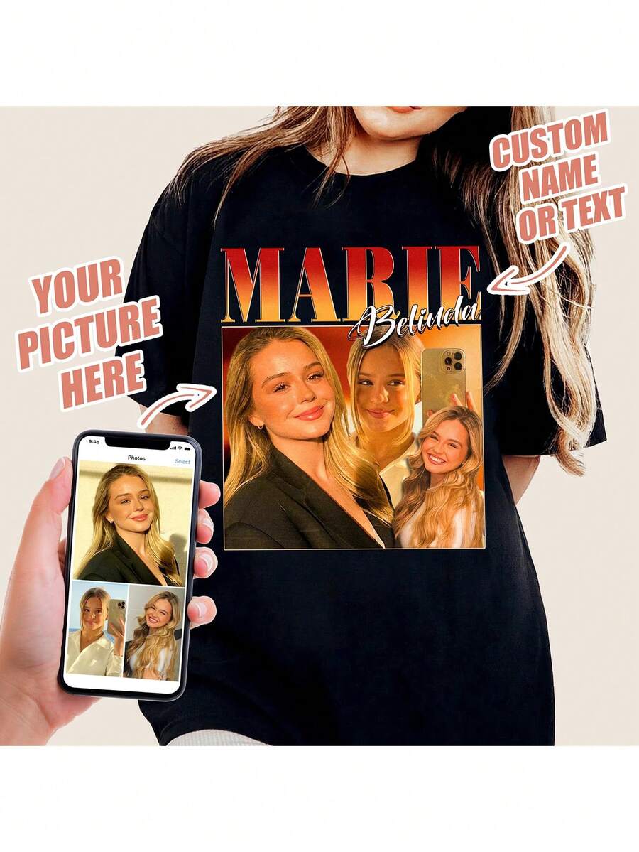 Customized Gift For Thanksgiving, Christmas. Logo, Business, Wedding Gift, Party Costume, Birthday Gift, Halloween Costume, Christmas Costume. Customize Women T-Shirt - Add Your Own Text And Images (Family Photo/Selfie/Pet Photo/Friend Photo) To Design Your Personalized Printed T-Shirt, Anniversary Gift, Valentine's Day, Thanksgiving, New Year Pattern, Suitable For Boyfriend, Girlfriend, Vintage Face T-Shirt, Shirt Gift Ideas Ornamental,Dawg Stylish,Fashion,Hipster,Contracted,Easy Costume,Minimal Chic,Casual Unique,Custom Treasurefinds,Belle Costume Ideal Gifts For Her Family,Friends,Children,Pink Girls For Mother's Day,For Children's Day,For Vacation - Black - View 1