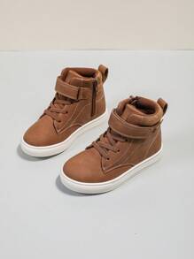Unisex High-Top Casual Shoes, Comfortable Breathable PU Leather Outdoor Lightweight Running Sports Hiking Cute Solid Color Warm High-Top Baby Shoes, Waterproof Non-Slip Lightweight Round Toe, Hook-And-Loop Closure, Soft Flat Student Loafers Daclay Children Boots, School Style, Applicable For Four Seasons - Khaki - View 2
