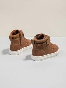 Unisex High-Top Casual Shoes, Comfortable Breathable PU Leather Outdoor Lightweight Running Sports Hiking Cute Solid Color Warm High-Top Baby Shoes, Waterproof Non-Slip Lightweight Round Toe, Hook-And-Loop Closure, Soft Flat Student Loafers Daclay Children Boots, School Style, Applicable For Four Seasons - Khaki - View 6
