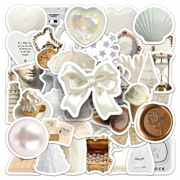 50PCS White Aesthetic INS Style Stickers Vinyl Aesthetics Stickers For Scrapbooking, Diary, Laptop, Bumper, Skateboard, Water Bottle, Computer, Phone, Cartoon, Hard Hat, Car Stickers And Decals