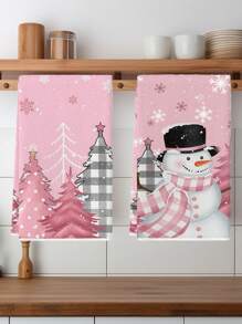 2 Pcs Christmas Kitchen Towels Buffalo Plaid Dish Towels Kitchen Washing Dishes Hand Tea Towels - Coral Pink - View 1