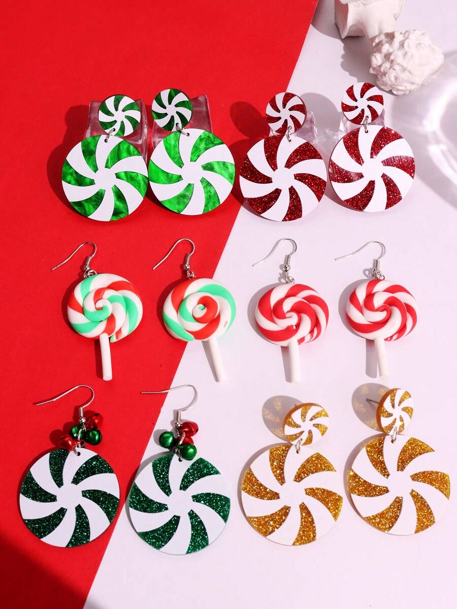 1 Cặp chuông leng keng bằng nhựa Acrylic hoạt hình dễ thương sáng tạo cho Giáng sinh, bông tuyết, bông tai trang trí kẹo mút nhấp nháy cho phụ nữ, đồ trang sức tiệc ngày lễ - Nhiều màu - Xem 1