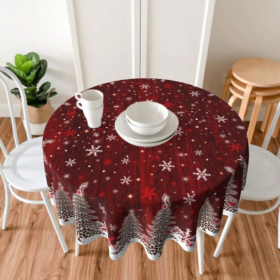 1pc Holiday Christmas Tablecloth, Designed With Snowflakes And Christmas Trees, Circular Tablecloth, Made Of Polyester Fiber, Non Slip, Durable And Easy To Clean, Very Suitable For Holiday Gatherings, Kitchen And Dining Decorations, Christmas Decorations - Multicolor - View 1