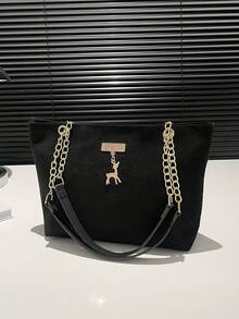 新款哑光皮革手提包，鹿金属装饰和天鹅绒设计，大容量休闲单肩包 - 黑色 - 查看 10