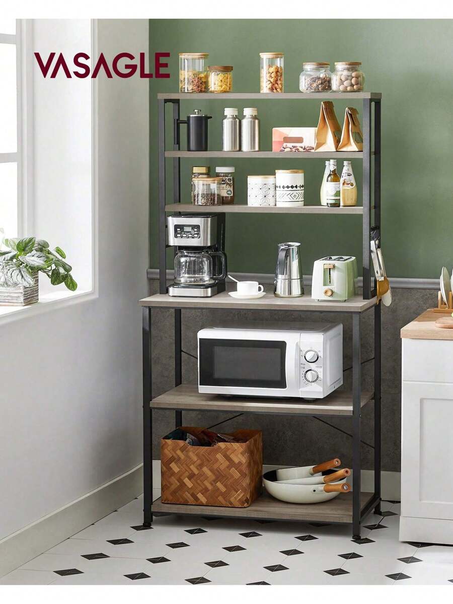 VASAGLE Kitchen Storage Rack, Coffee Bar, Baker's Rack, Total 6 Shelves And 6 Hooks, For Microwave, Steel Frame, Industrial, 40 X 80 X 167 Cm, Heather Greige And Ink Black - Grey - View 1