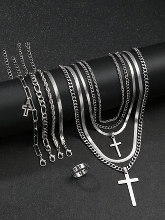 Set de joyería de 10/8 piezas con collar y pulsera de cadena de acero inoxidable con cruz minimalista para hombres, adecuado para vacaciones, citas, regalo de Navidad, uso casual diario