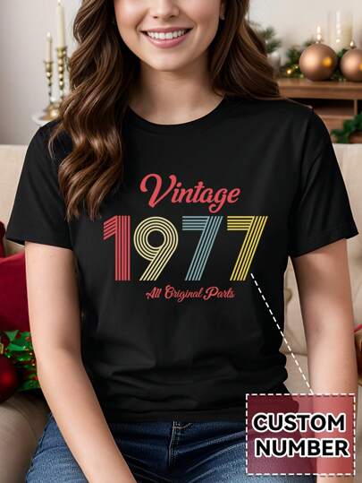 Anpassad numerisk design för kvinnor, personlig textanpassning, ladda upp text för jul, årsdag, ditt numeriska tryck på framsidan av vanlig rund halsad kortärmad t-shirt, svart topp, högtidsgåva, sommartoppar för kvinnor, anpassning av sommarkortärmad t-shirt för kvinnor