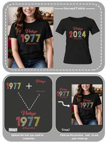 Anpassad numerisk design för kvinnor, personlig textanpassning, ladda upp text för jul, årsdag, ditt numeriska tryck på framsidan av vanlig rund halsad kortärmad t-shirt, svart topp, högtidsgåva, sommartoppar för kvinnor, anpassning av sommarkortärmad t-shirt för kvinnor - Svart - Visa 4