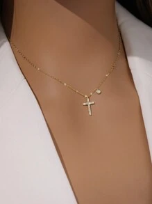 ELSEDES 1 pièce Collier croix en argent sterling S925 de style minimaliste à la mode avec incrustation de pierres de style vintage, convient pour le port quotidien des femmes