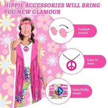 Conjunto de 6 piezas de accesorios y ropa de disfraz hippie para mujer, atuendo de fiesta de los años 60 y 70 para carnaval, fiesta de disfraces y baile de graduación de Halloween