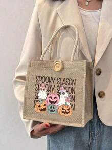 Túi vải lanh họa tiết ma quái có đèn lồng bí ngô, túi mua sắm trang trí nút có quai đôi, quà tặng Halloween, túi xách đựng kẹo vào ngày Halloween, túi đựng đồ nhẹ có thể gấp lại, túi tote dung tích lớn đơn giản, túi tote thời trang nữ dung tích lớn, quà tặng Halloween cho bạn bè và bạn gái, tuyệt vời cho sinh viên mới tốt nghiệp, thanh thiếu niên, sinh viên năm nhất, sinh viên năm hai, thanh thiếu niên, cao đẳng và trung học, ngoài trời, du lịch và trở lại trường - Màu Khaki - Xem 9