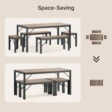 5 Piece Dining Table Set, Table And Chairs Set, Kitchen Table Set With Metal Frame With 2 Benches And 2 Stools For Kitchen, Dining Room, Available In Black, Gray And Retro Colors - Xám - Xem 8
