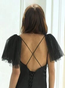 1 Pair Short Simple Wedding Shawl Puffy Net Shawl Lace Trim Decor, Suitable For Wedding Party Spaghetti Strap Dress